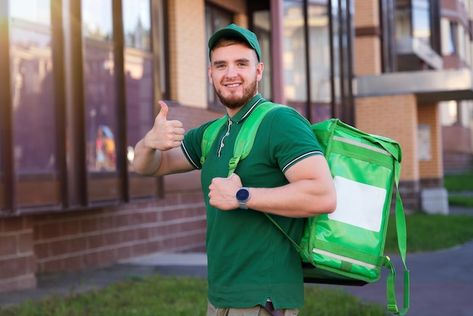 Guy Food, Delivery Guy, Foods Delivered, Green Shirt, Food Delivery, Delivery Man, Premium Photo, Stock Photos, Green