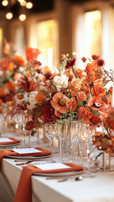 Elegant burnt orange wedding decor featuring rustic centerpieces, chic table settings, and stylish floral arrangements. Wedding Themes Burnt Orange, Copper And Orange Wedding, Burnt Orange Fall Wedding Decor, Marigold Theme Wedding Decor, Wedding Color Burnt Orange, Terracotta Candles Wedding, Burnt Orange Terracotta Wedding, Burnt Orange Decor Wedding, Wedding Flower Arrangements Autumn