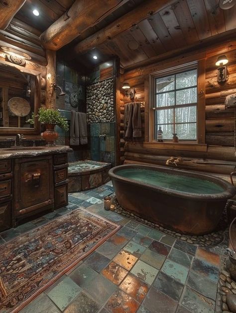 Small Baths, Log Cabin Interior, Log Home Interiors, Log Home Designs, Cabin Bathrooms, Architecture Bathroom, Dream Life House, Rustic Home Design, Rustic Bathrooms