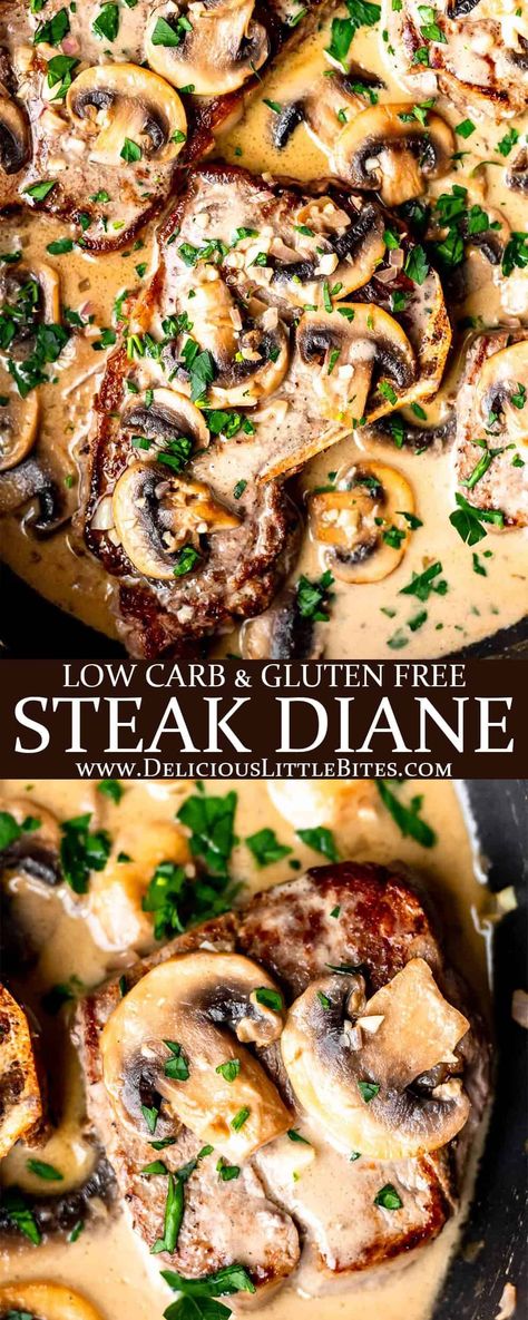 Steak Diane is a classic recipe made with tender sautéed beef and a creamy mushroom sauce. While this dish has a reputation of being more fancy, it's easy enough to make even on busy weeknights. This recipe is naturally gluten free and very low in carbohydrates making it easily adaptable to suit many different diets. | #steakdiane #steak #beef #steakdinner #onepanmeal Steak Diane Sauce, Tbone Steak Recipe, Steak Diane Recipe, Cast Iron Skillet Recipes Dinner, Striploin Steak, Mushroom Sauce Steak, Asian Steak, Sirloin Steak Recipes, Steak Diane