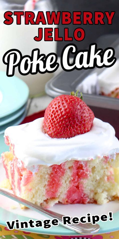 This Strawberry Jello Poke Cake is cool and light - and the sweetness comes from the berries. Plus, it's a very simple recipe, one made with a box cake mix. Strawberry Jello Poke Cake, Jello Cake Recipes, Jello Poke Cake, Poke Cake Jello, Poke Cake Recipe, Boxed Cake Mixes Recipes, Jello Cake, Strawberry Jello, Poke Cake Recipes