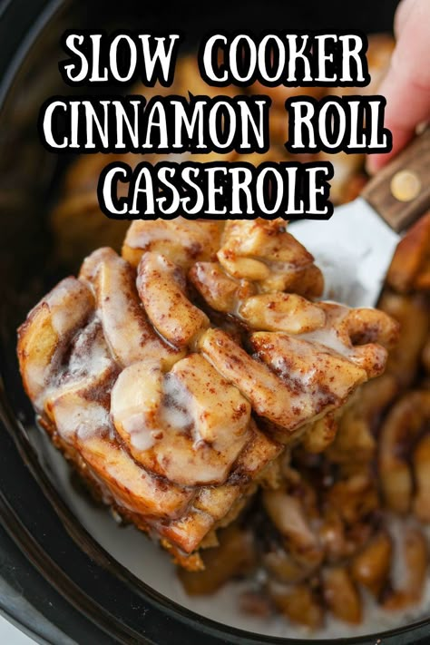 If you're looking for breakfast casserole recipes that are also easy and simple to make, you need to try this Crock Pot Cinnamon Roll Casserole. Made with canned cinnamon rolls and heavy cream, this slow cooker breakfast casserole is perfect for Christmas morning breakfast, special occasions, and more! Easy Breakfast Ideas For Potluck, Crockpot Breakfast Casserole Overnight With Biscuits, Crockpot Cinnamon Roll French Toast, Easy Breakfast In Crockpot, Overnight Breakfast Casserole Crockpot Cinnamon Rolls, French Toast Casserole In Crockpot, Christmas Brunch Crockpot Recipes, Slow Cooker Cinnamon Roll Casserole, Crock Pot Cinnamon Rolls Pillsbury