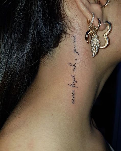 Small Writing Neck Tattoos, Behind The Ear Tattoo Ideas Quotes, Behind Ear To Neck Tattoo, Tattoo On The Neck For Women, Back On Neck Tattoo, Cute Side Neck Tattoos For Women, Simple Behind Ear Tattoos For Women, Women Small Neck Tattoo, Small Side Neck Tattoos For Women