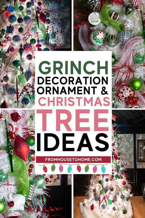 This Grinch Christmas tree decor is so fun! I love the DIY Grinch Christmas ornaments and the awesome Grinch Christmas tree topper! I'm totally doing this for my Christmas decorations this year. Diy Grinch Christmas Tree, Grinch Christmas Tree Ideas, Grinch Tree Topper, A Grinch Christmas, Grinch Christmas Tree Topper, Diy Grinch, Mickey Mouse Christmas Tree, Tree Ideas Christmas, Grinch Tree