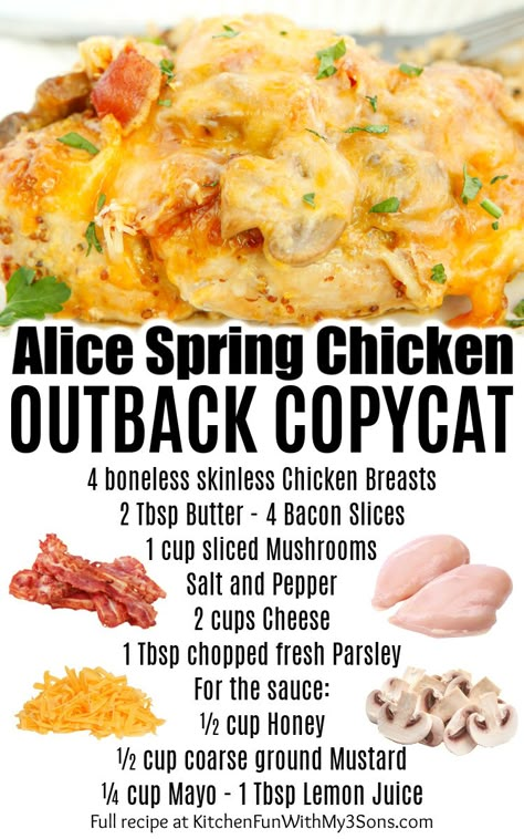 If you have ever gone to any popular restaurant to eat, then you have probably wanted to have the recipe for a variety of different things. Well, this Alice Springs Chicken (Outback Copycat) is the recipe for you as it is almost an exact match from the original Outback recipe. Alice Spring Chicken, Outback Chicken, Outback Recipes, Alice Springs Chicken Outback, Alice Springs Chicken, Marinating Chicken Breast, Outback Steakhouse, Spring Chicken, Copykat Recipes