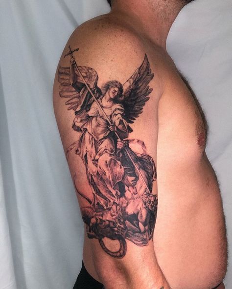 Sam Mancino on Instagram: “For family @airtechfernandez . Thank you Kevin for making the trip and trusting me with your St. Michael” Men’s Tattoo Arm, Upper Arm Tattoo Men Half Sleeves, St Michael The Archangel Tattoo, Best Sleeve Tattoos Men, Forearm Tattoos Men, Saint Michael Tattoo, Guy Tattoos, Archangel Michael Tattoo, St Michael Tattoo