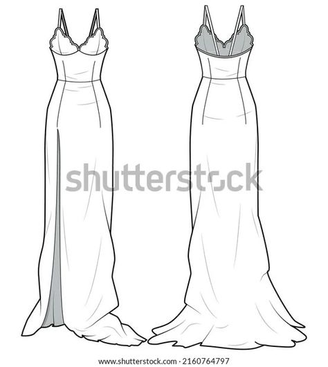 Maxi Dress Technical Drawing, Dress Technical Flat, Pattern Portfolio, Dress Outline, Technical Flats, Layout Portfolio, Morrocan Fashion, Dress Vector, Dress Sketch