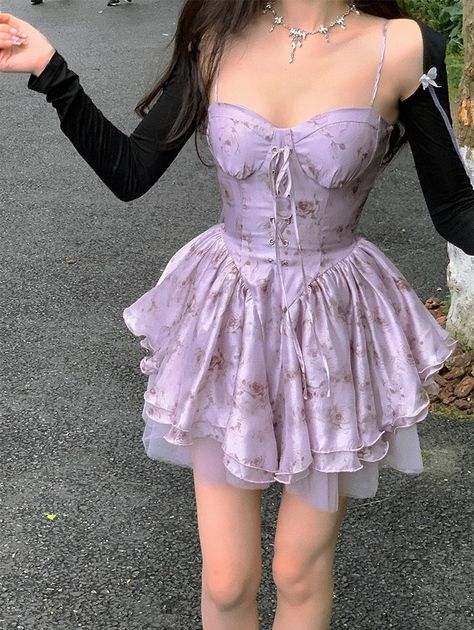 Purple Cottagecore Dress, Lilac Dress Short, Fairycore Outfit, Purple Corset, Clothes Wishlist, Floral Prom Dresses, Cottagecore Outfits, Disney Rapunzel, Purple Outfits