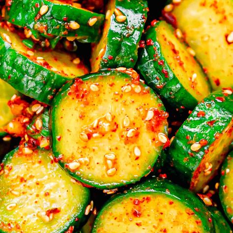 Muchim Recipe, Korean Pickled Cucumber, Asian Cucumbers, Korean Cucumber Side Dish, Oi Muchim, Cucumber Side, Prep Ahead Meals, Banchan Recipe, New Meals To Try