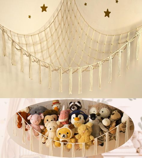 PRICES MAY VARY. Space Saving & Durable to Use - Measuring 51"*51"*65", this stuffed animal holder is large to hold a crowd of stuffed animals to save more floor space. Made from premium cotton, our macrame toy hammocks are soft, eco-friendly, and super durable for use. Practical yet Pretty Cute - Unlike the plain toy net, this handmade toy hammock net for stuffed animals not only keeps the plushies organized well, but also looks super cute as a beautiful room decor piece with a bohemian vibe wh Stuffed Animal Hanger, Stuffies Organization, Cute Stuffed Animal Storage, Squishmallows Net, Plushie Holder, Ways To Store Stuffed Animals, Stuff Animal Storage Ideas, Plushie Storage Ideas, Squishmallow Net