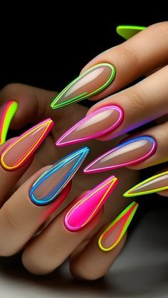 Neon Glow Nails, Summer Nails Almond, Nails Acrylic Square Long, Neon Nail Art, Multicolored Nails, Nails Acrylic Square, Pride Nails Designs, Nails Designs Short, Rainbow Nail