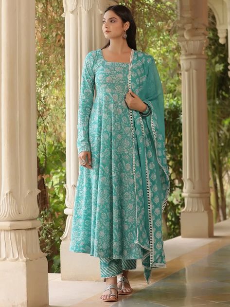 Buy Teal Blue Printed Cotton Anarkali Suit with Kota Doria Dupatta- Set of 3 | PCA01/PICA3 | The loom Kota Anarkali Dress, Everyday Indian Wear, Kota Cotton Suit Design, The Loom Suits, Cotton Frock Suit, Kathak Aesthetic, Churidar Models, Printed Frocks For Women, Frock Suit Ideas