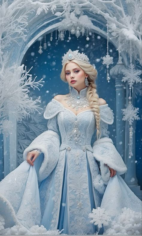 Princess Dress Fantasy, Queen Dress Gowns, Fantasy Dress Drawing, Frozen Crown, Snow Queen Costume, Photo Cake Topper, Fairytale Gown, Winter Princess, Ethereal Dress