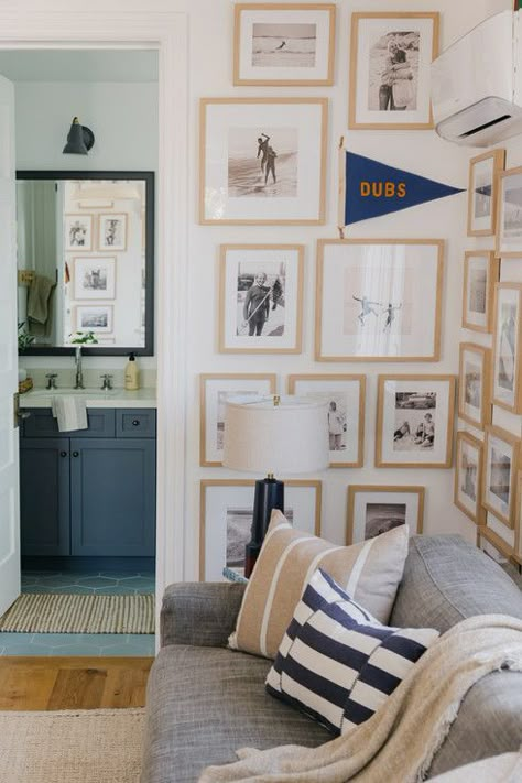 A fun gallery art wall in a living room space Wall Photo Ideas, Room Attic, Brooke Wagner Design, Brooke Wagner, Burled Wood Coffee Table, Twins Bedroom, Coastal California, Cottage Living Rooms, Beach Room