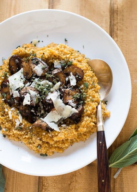 Creamy Pumpkin Quinoa Risotto Quinoa Pumpkin, Quinoa Risotto, Pumpkin Mushroom, Mushroom Quinoa, Pumpkin Quinoa, Vegetarian Thanksgiving Recipes, Pumpkin Risotto, Sautéed Mushrooms, Vegetarian Thanksgiving