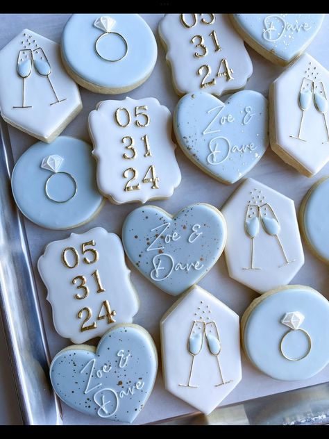 Wedding Cookies Dusty Blue, Wedding Cookies Buttercream, Diamond Cookies Decorated, Wedding Cookies Decorated Simple, Anniversary Sugar Cookies, Engagement Sugar Cookies, Initial Cookies, Engagement Party Cookies, Bridesmaid Cookies