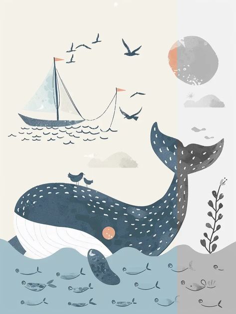 Full Color Image in ai-img-gen.com 🔸 cute happy whale, swimming in shining blue ocean, summer, boho style, minimalism, simple strokes, ha... 🔸 From Midjourney AI Image Whales Illustration Art, White Whale Illustration, Whale Pattern Illustration, Giant Whale Fantasy Art, Riding A Whale Illustration, Happy Whale, Small Sailboats, Whale Art, Blue Whale