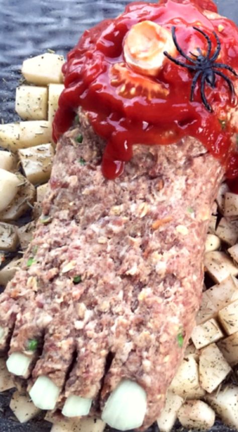 Meatloaf Halloween Ideas, Meatloaf Feet Halloween, Meatloaf Shapes, Feet Loaf For Halloween, Halloween Meatloaf Ideas, Feetloaf Halloween, Meatloaf Halloween, Halloween Meatloaf, Halloween Themed Treats