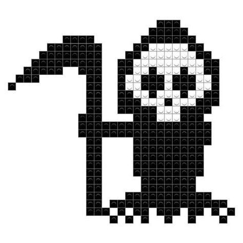 Grim Reaper Pixel Art, Grim Reaper Crochet Pattern Free, Pixel Art Pattern Skeleton, Pixel Art Pattern Skull, Pixel Art Skull, Creepy Pixel Art Grid, Skull Pixel Art, Grim Reaper Cross Stitch, Halloween Pixel Art