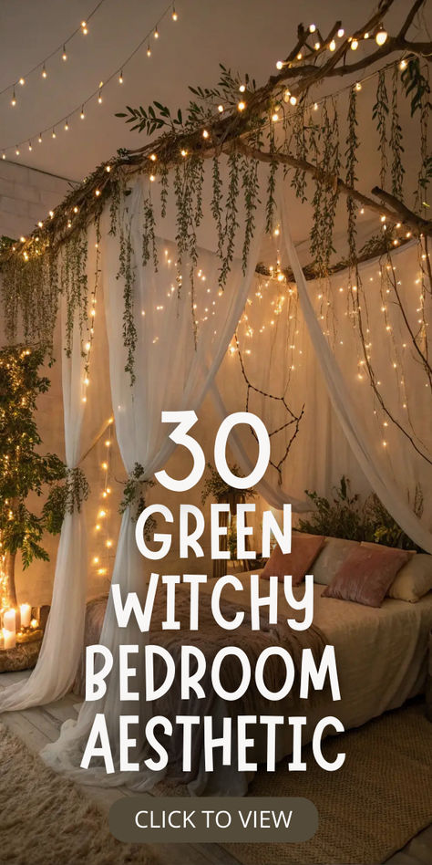 Bring nature’s magic into your bedroom with a green witch aesthetic! 🌿 Incorporate lush plants, natural wood accents, earthy tones, and herbal decor to create a calming, mystical vibe. Perfect for grounding energy and connecting with nature. Save this pin for enchanting ideas! #GreenWitchDecor #WitchyAesthetic #NatureInspiredDesign Shades Of Green Bedroom Ideas, Mystical Bedroom Aesthetic, Minimalist Witchy Bedroom, Green Whimsigoth Bedroom, Small Green Bedroom Ideas, Witch's Bedroom, Green Witchy Bedroom, Green Witch Nails, Emerald Bedroom Ideas