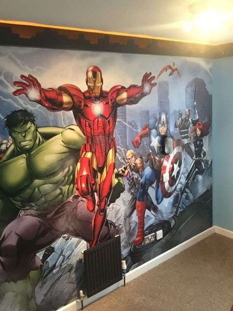 Avengers Mural, Marvel Classroom, Spiderman Kids Room, Avengers Bedroom, Marvel Room, Kids Room Accessories, Superhero Room, Boy’s Room, Kids Room Wallpaper