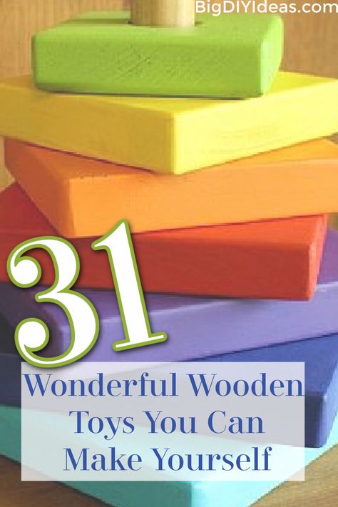 Today we are looking at simple woodworking projects that you can make into wonderful toys for children! These fun and adorable projects are great for thoughtful and homemade presents for a baby shower or children's birthday party. The best part is that so many of these wooden toys are classics that you can have fun introducing your children to. Get your imaginations running with these fun projects! Which will you choose to try?! Wooden Toys To Make For Kids, Homemade Toys For Preschoolers, Diy Wood Baby Toys, Diy Wooden Toys For Kids, Wood Toys Plans Free, Diy Wooden Toys For Toddlers, Diy Wood Toys For Kids, Wood Toy Ideas, Simple Wood Projects For Kids