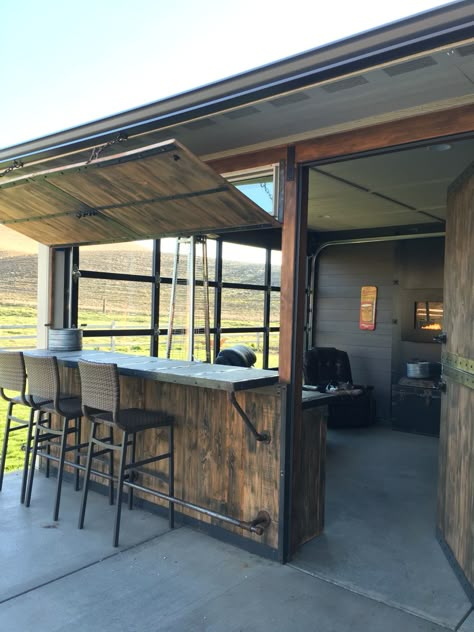 Fun Out door space with bar and sunroom. Glass garage door lets the outdoors in when cold months are on us and it can be opened in the warm months. Bar also closes and opens with hinged swinging doors. Efficient Kitchen, Bar Shed, Outdoor Kitchen Bars, Glass Garage Door, Rustic Bar, Backyard Bar, Bar Patio, Built In Grill, Remodel Bathroom