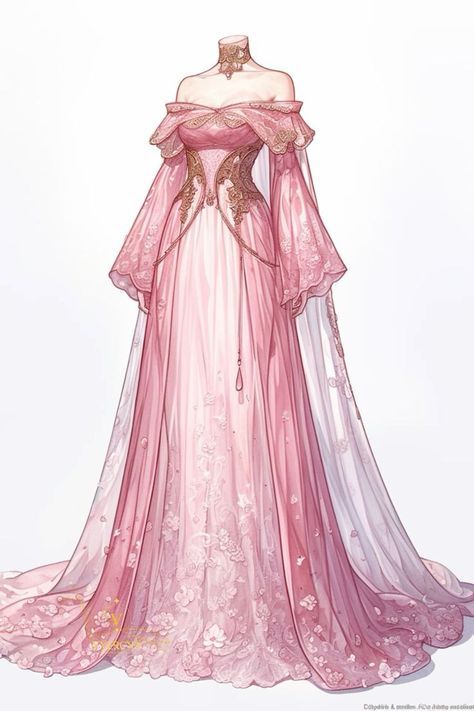 Anime Dresses Design, Fantasy Gowns Art, Royalty Outfits Dresses, Fantasy Dress Design Art, Pink Dress Drawing, Princess Dress Art, Princess Dresses Pink, Aphrodite Aesthetic Outfit, Dnd Princess