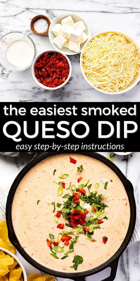 This super simple one-pan smoked queso dip *might* be the best appetizer of the summer season. It's loaded with smoky flavor, plenty of ooey gooey cheese, and seasoned tomatoes for a delicious snack that's perfect for a backyard barbecue! Smoked Queso No Velveeta, Grilled Queso Dip Without Velveeta, Queso Recipe No Velveeta, Southwest Appetizers, Queso On The Grill, Grilling Appetizers, Smoked Queso Dip, Smoked Queso, Traeger Cooking