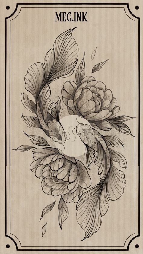 Koi Fish And Flowers Drawing, Blackwork Koi Tattoo, Fineline Koi Fish Tattoo, Realistic Koi Fish Tattoo, Koi Fish Reference, Koi Fish And Flower Tattoo, Koi Fish Tattoo Design, Fish Tattoo Design, Pisces Tattoo Designs