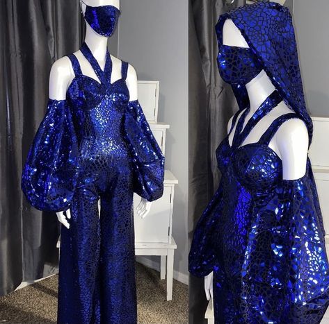 Blue Villain Outfit, Drag Performance Outfits, Drag Looks Outfits, Blue Performance Outfit, Blue Stage Outfit, Met Gala Outfits Ideas, Stage Outfits Ideas Singer, Cyberpunk Dress, Stage Costume Design