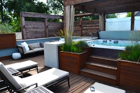 Hot Tub & Bar (side angle) Jacuzzi Deck, Whirlpool Deck, Hot Tub Deck Design, Hot Tub Pergola, Spa Landscaping, Hot Tub Landscaping, Tub Deck, Contemporary Deck, Hot Tub Designs