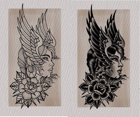 American Traditional Valkyrie Tattoo, Traditional Valkyrie Tattoo, Traditional Tattoo Black And White, Athena Tattoo, Valkyrie Tattoo, Buddha Tattoo Design, Minimalist Tattoo Ideas, Type Tattoo, Chicano Art Tattoos