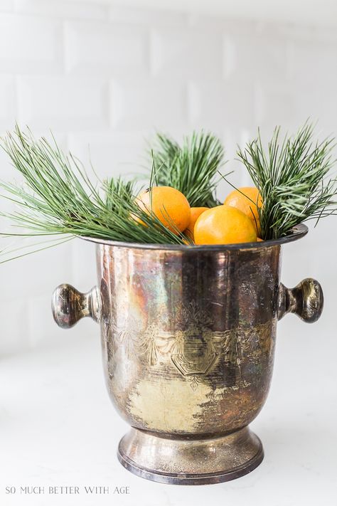 Holiday Buffet Decor, Bucket Decor, Scandinavian Table, French Vintage Decor, Wine Bucket, Christmas Dining Room, Christmas Front Porch, Globe Ornament, Vintage Champagne