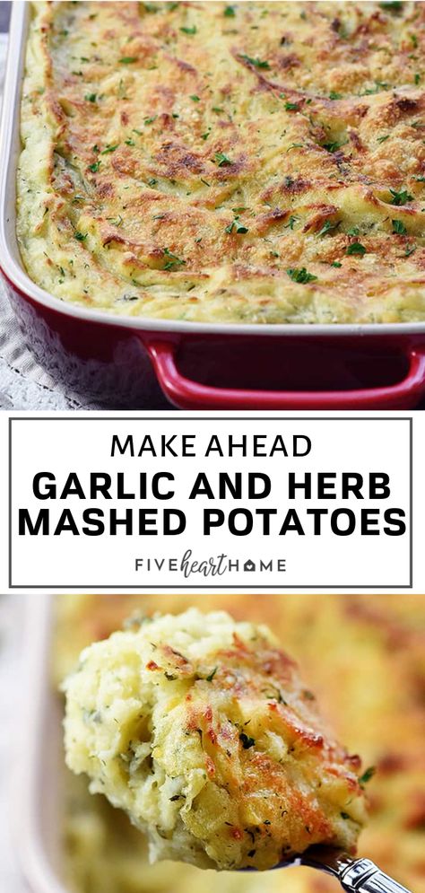 The best Make-Ahead Mashed Potatoes loaded with mellow garlic & fresh herbs and topped with a golden Parmesan crust! This Christmas or Thanksgiving side dish is perfect for entertaining, dinner party, or when you simply need a side dish to go with a meal. Save this holiday recipe! Christmas Recipe Ideas Dinner, Wedding Sides Dishes, Thanks Giving Dinner Sides, Christmas Dinner Mashed Potatoes, Best Sides For Turkey Dinner, Christmas Eve Dinner Potatoes, Christmas Dish Ideas Easy Recipes, Entertaining Meal Ideas, Holiday Dinners For A Crowd