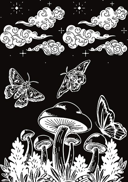 Mushrooms and butterflies by AstroWillow | Redbubble Mushroom Butterfly Drawing, Mushroom And Butterfly Drawing, Butterfly On A Mushroom, Moth On Mushroom, Moth And Mushroom, Mushrooms And Butterflies, Butterfly Mushroom, Mushroom Pattern, Brown Hoodie