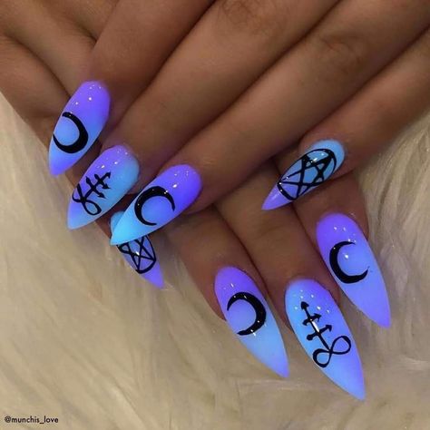 nails acrylic witch moon pentagram glow in the dark gel long nails blue purple wiccan wicca fashion pagan Witch Nails, Witchy Nails, Halloween Acrylic Nails, Stiletto Nail Art, Gothic Nails, Edgy Nails, Goth Nails, Glow Nails, Nail Swag