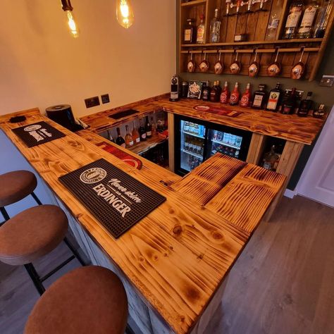 Bar With Storage Underneath, L Shape Bar Ideas For Home, Man Cave Garage Ideas Decoration, Small Shed Bar Ideas, Indoor Bar Ideas, Backyard Shed Bar Ideas, Best Bar Design, Home Pub Ideas, Indoor Outdoor Garage