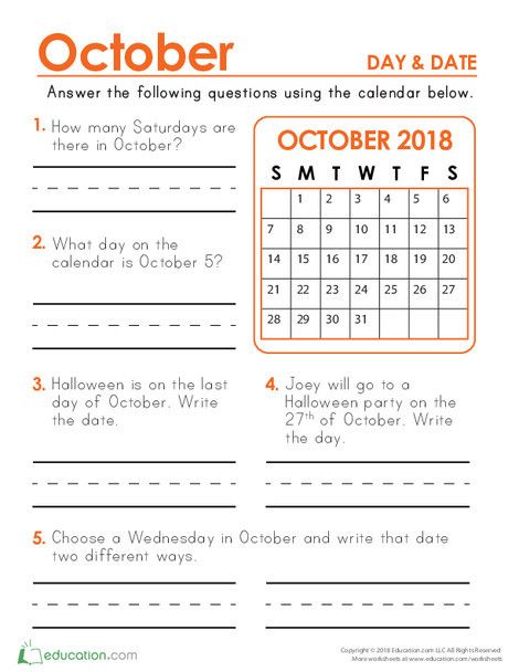 Second Grade Reading & Writing Worksheets: October 2018 Calendar: Days and Dates 1st Grade Calendar, Writing Calendar, Calendar Questions, Reading Calendar, Teaching Calendar, Calendar Skills, Calendar Worksheets, Practice Handwriting, Addition And Subtraction Practice