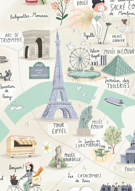 Paris Illustrated Map - Etsy UK Paris Map Illustration, Paris Travel Journal, Maps Illustration Design, Paris Cards, Maps Aesthetic, Map Of Paris, Paris Illustration, Travel Collage, Holiday Travel Destinations