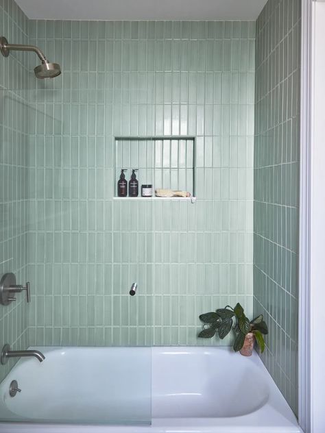 Tile Around Tub, Green Shower Tile, Green Tile Bathroom, Bathroom With Tub, Tile Brick, Bathroom Tub Shower, Modern Bathtub, White Tub, Brick Tile