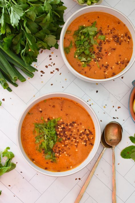 Turkish Lentil Soup is full of warm, rich spices with a hint of spice. This soup is healthy and perfect for a plant-based meal. Red lentils are simmered with red lentils, bulgur, vegetables, garlic, spices, died tomatoes and lemon juice. If you are meal-prepping this is great soup for that and can be frozen for later. // A Cedar Spoon Middle Eastern Red Lentil Soup, Turkish Lentil Soup Recipe, Lentil Tomato Soup, Turkish Red Lentil Soup, Middle Eastern Lentil Soup, Lebanese Lentil Soup, Coconut Lentil Soup, Slow Cooker Lentils, Mushroom Stew