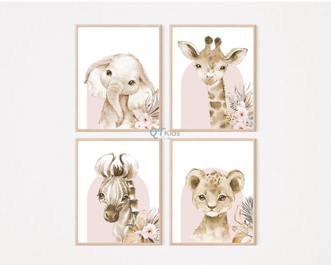 Pink Nursery Safari, Pink Safari Nursery, Pink And White Nursery Safari, Baby Girl Nursery Pink Animals, Safari Nursery Girl, Pink And Gray Jungle Nursery Bedding, Baby Animal Painting, Pink Floral Decor, Pink Printable Nursery Wall Art Set Of 4 Poster Baby Girl