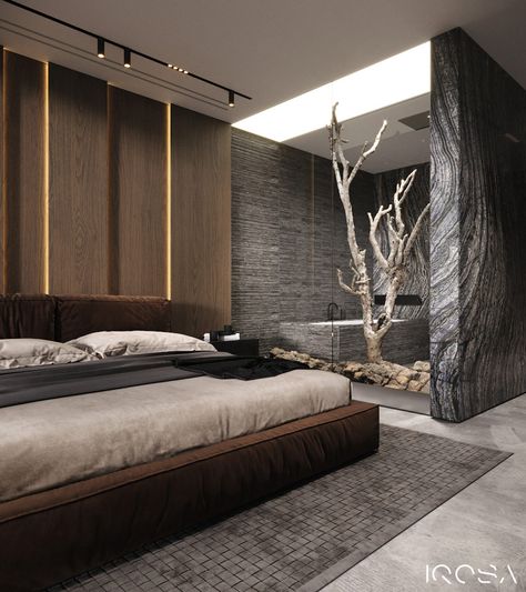 Smoky Grey Interior With Warm Ambient Lighting Japandi Bedroom Design, Design Ložnic, Modern Luxury Bedroom, Bed Design Modern, Black Bedroom, Luxury Bedroom Master, Bedroom Bed Design, Modern Bedroom Design, Room Design Bedroom