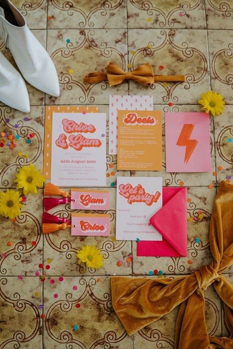 Retro Decor Wedding, Eclectic Wedding Save The Date, Disco Themed Wedding Invitation, 70s Inspired Wedding Invitations, Wedding Invite Photography, Retro Party Invite, 70s Wedding Invite, 70's Wedding Inspiration, Bachelorette Party Funky