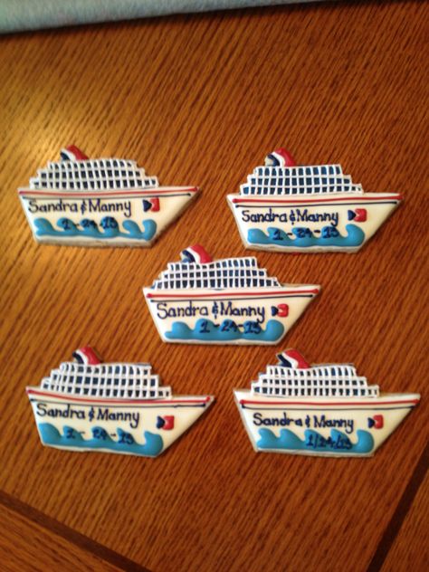 Cruise ship cookies made for a sail away wedding. Cruise Cookies Decorated, Cruise Ship Cookies Decorated, Life Preserver Cookies, Last Sail Before The Veil Cookies, Cruise Cookies, Cruise Ship Wedding Favors, Cruise Ship Birthday Cake, Vacation Cookies, Cruise Cake