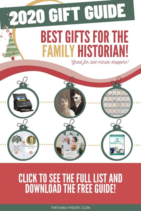 Looking for family history and genealogy gift ideas for yourself or another family member? Well, we've got you covered. Take a look at the 2020 "Best Gifts for the Family Historian" list and grab a copy of the gift guide for yourself or to share! #genealogy #gifts #family #history Family History Gifts Ideas, Genealogy Quotes, Family Tree Book, Genealogy Gifts, Genealogy Websites, Research Skills, Keepsake Books, History For Kids, Gifting Ideas