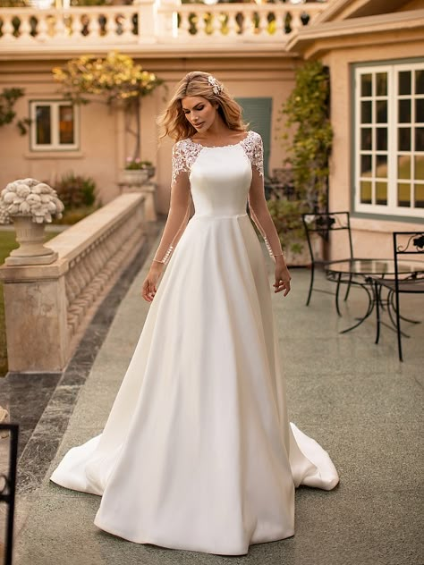 Classic Satin A-line Wedding Dress With Illusion Sparkly Lace Sleeves Moonlight Collection J6792 Wedding Dress Illusion Back, Spring Wedding Dresses, Moonlight Bridal, Minimal Wedding Dress, Modest Bridal Gowns, Long Sleeve Wedding Gowns, Satin Wedding Gown, Spring Wedding Guest Dress, Spring Wedding Dress