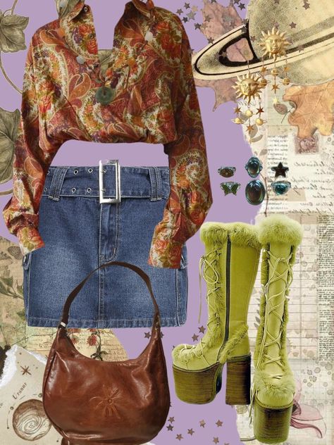 Alternative Fall Outfit, Paisley print top, 2000s denim skirt, Belted denim skirt, fall outfit inspo, Fall 2023, fall outfit, autumn outfit, outfit inspo, fall outfit ideas, Alternative outfit, Faux fur Platform boots, platform boots, funky boots, funky outfit, funky fall outfit Chunky Brown Belt Outfit, Brown Belt Aesthetic, Brown Corset Belt For Festivals, Whimsigoth Belt, Fur Platform Boots, Brown Bohemian Belt With Brass Buckle, Y2k Belt, Jade Bead Necklace, Faux Leather Purse