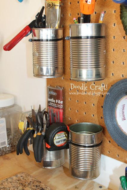 Zip tie soup cans to the peg board for storage. Tool Display, Peg Boards, Shed Organization, Garage Storage Solutions, Small Garage, Tool Room, Diy Garage Storage, Workshop Organization, Garage Storage Organization